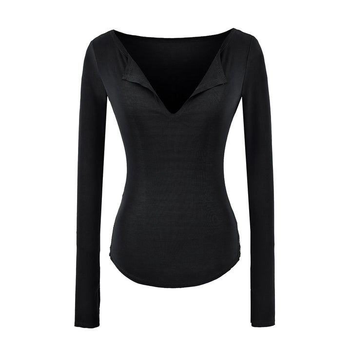 Women's fitted ribbed knit long sleeve with deep V-neck and collar trim Amarae