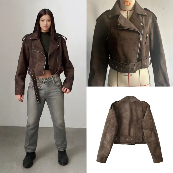 Synthetic leather biker jacket for women with a fitted cut and adjustable waist Lune London