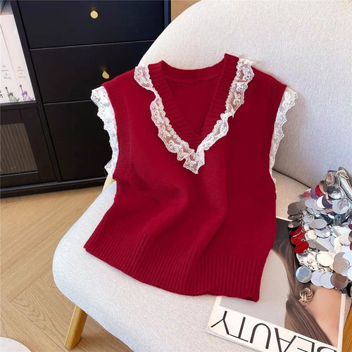 Women’s knit top with delicate lace sleeves and V-neck Amarae