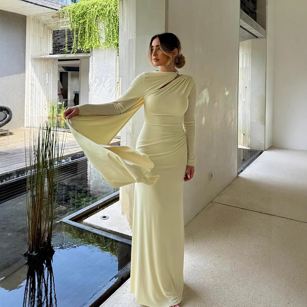 Women's Tailored Maxi Dress with Asymmetric Cape and High Collar Amarae