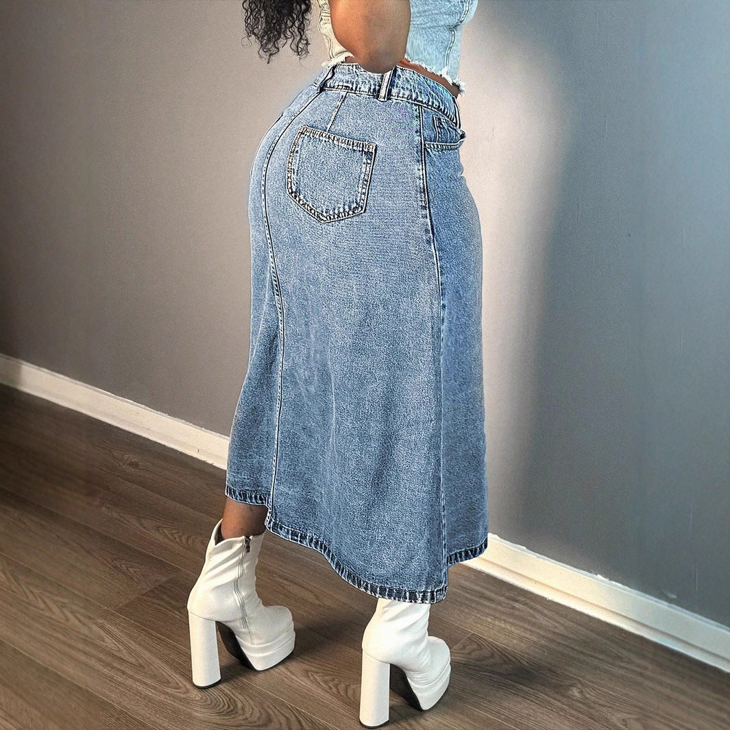 Ladies mid-length denim skirt with continuous button placket and high-waisted A-line cut Amarae