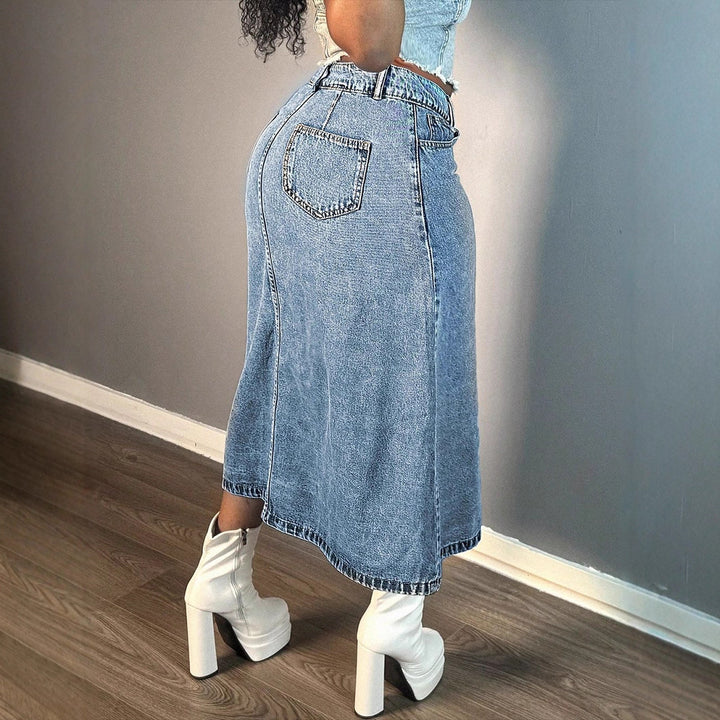 Ladies mid-length denim skirt with continuous button placket and high-waisted A-line cut Amarae