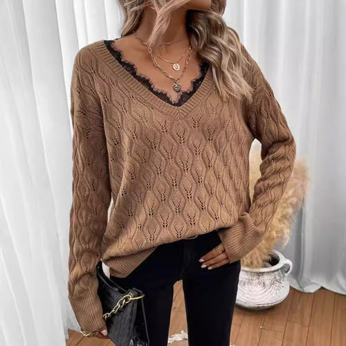 Knit sweater for women with elegant V-neck and fine lace structure Amarae