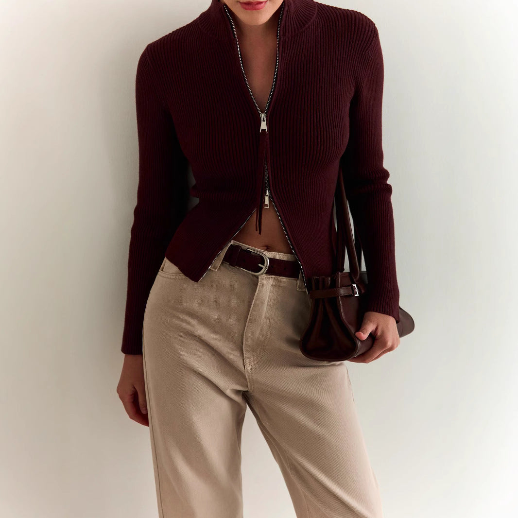 Women's Knit Sweater with High Collar and Zipper Lune London