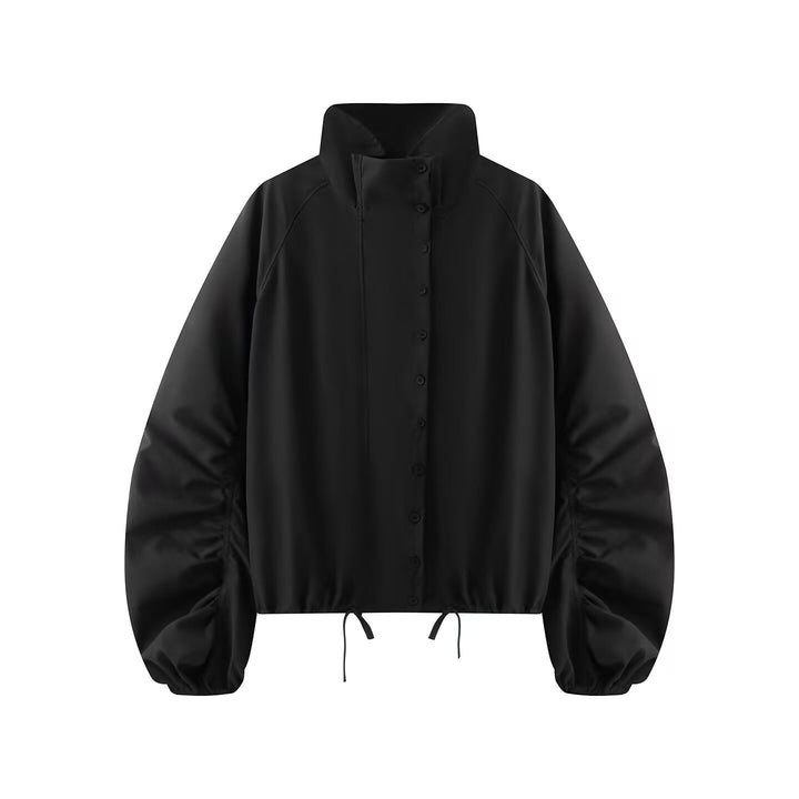 Women's transitional jacket with wide balloon sleeves, stand-up collar and drawstring.