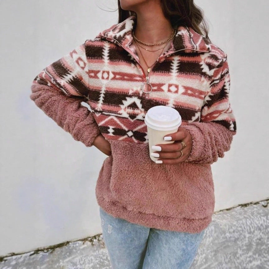 Women's Fleece Pullover with Modern Aztec Pattern and Stand-Up Collar Lune London