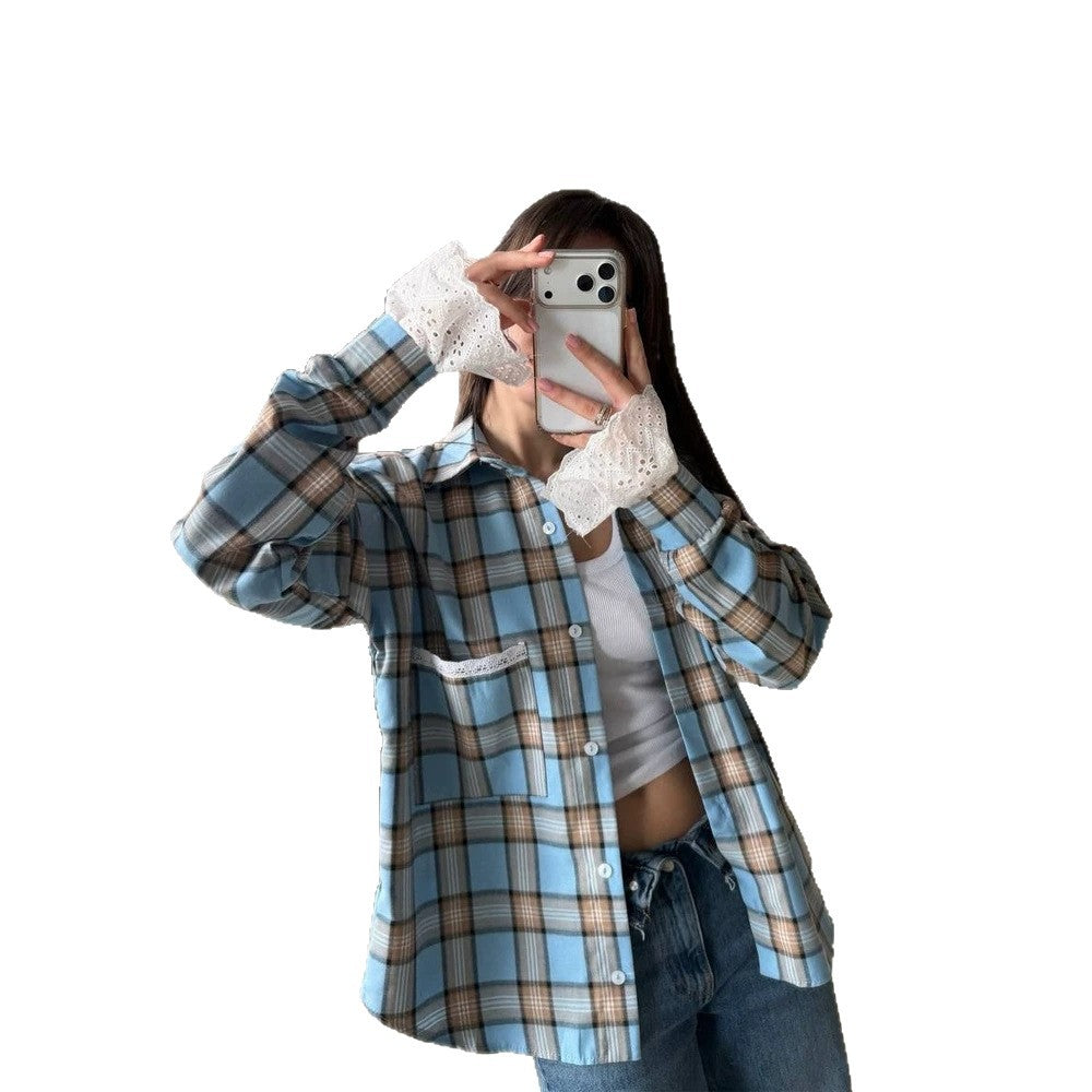 Women’s Oversize Checked Flannel Shirt with Lace Cuffs and Decorative Piping Amarae