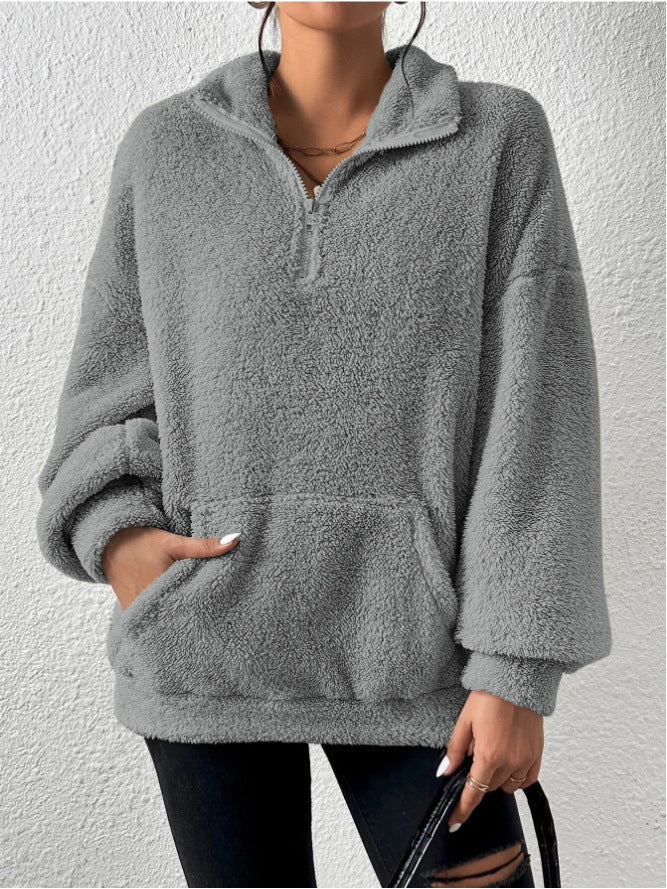 Lune London | Women's Cozy Fleece Sweater with Stand-Up Collar and Side Pockets