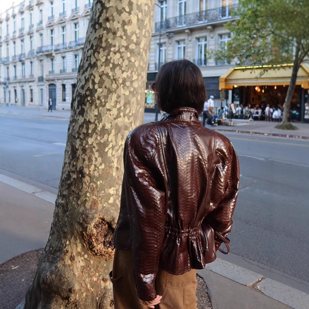Women's Shiny Snake Pattern Leather Bomber Jacket Amarae