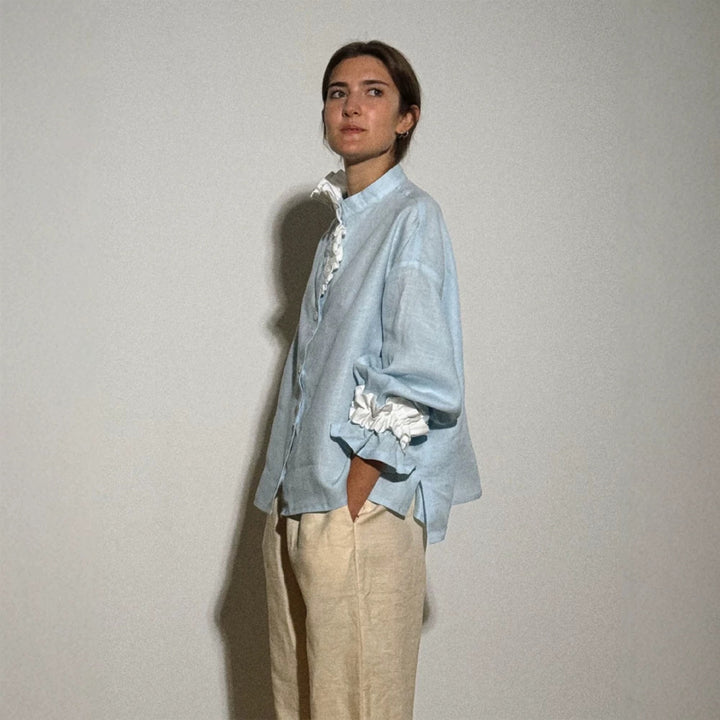 Women's lightweight linen blouse with stand-up collar, oversized silhouette and gathered cuffs Amarae
