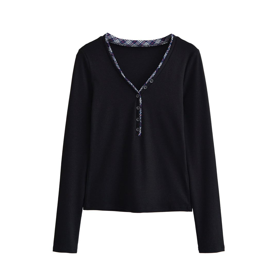Women's long sleeve shirt with V-neck, button placket and check trim Amarae