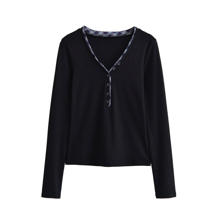 Women's long sleeve shirt with V-neck, button placket and check trim Amarae