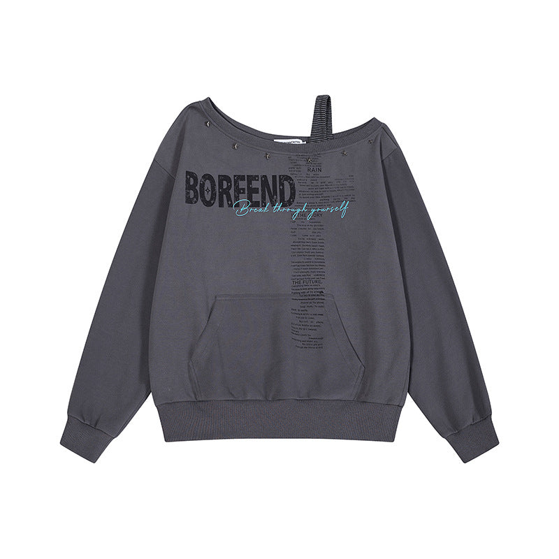 Women's Oversize Sweatshirt with Asymmetric One-Shoulder Strap, Kangaroo Pocket and Studs Amarae