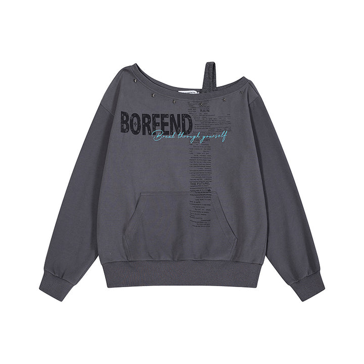 Women's Oversize Sweatshirt with Asymmetric One-Shoulder Strap, Kangaroo Pocket and Studs Amarae