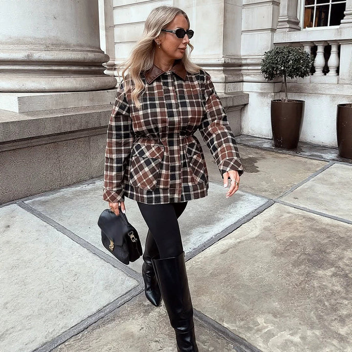 Women Checked Shacket with Waist Drawstring, Flap Pockets & Leather-Look Collar Amarae