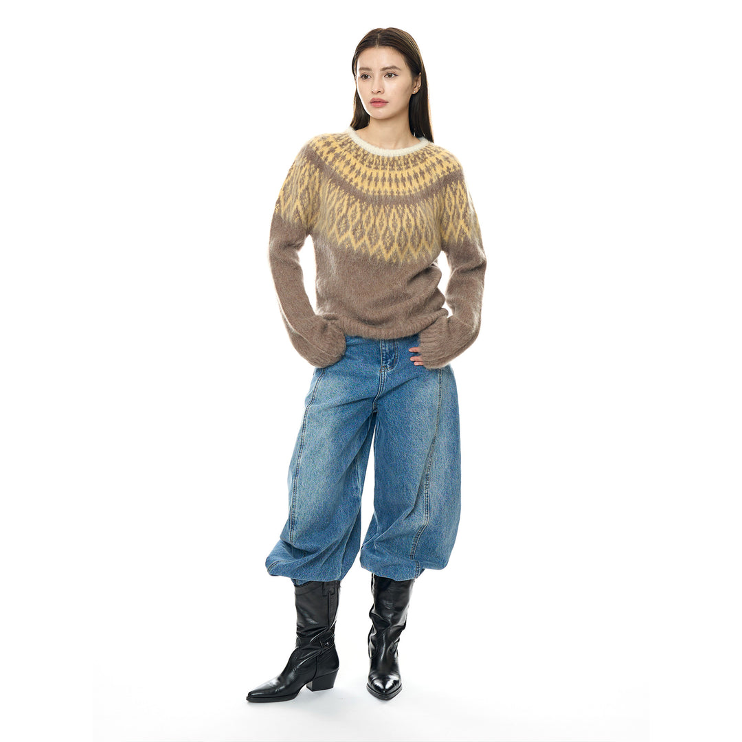 Ladies Round Neck Sweater with Norwegian Jacquard and Mohair Look Amarae