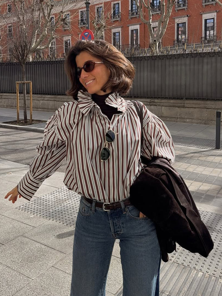 Women Striped Oversized Blouse with Ruffled Collar & Voluminous Puff Sleeves Amarae
