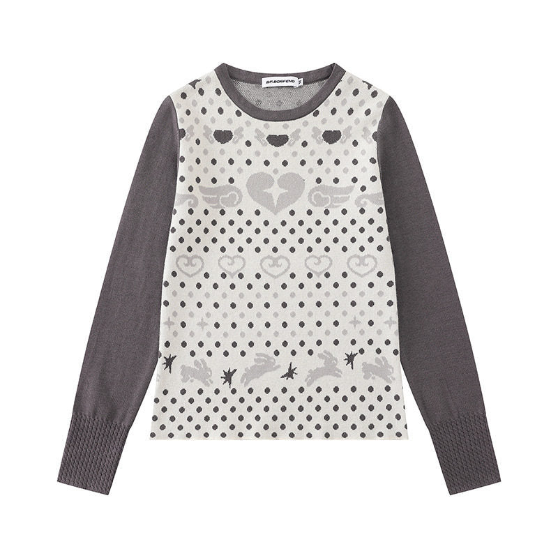Ladies fine knit pullover with jacquard motif, round neckline and contrast sleeves Amarae