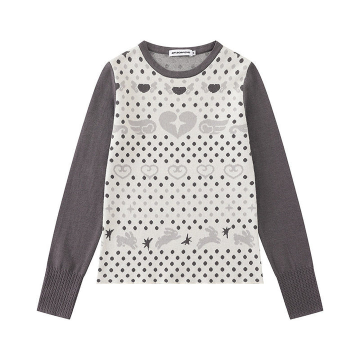 Ladies fine knit pullover with jacquard motif, round neckline and contrast sleeves Amarae