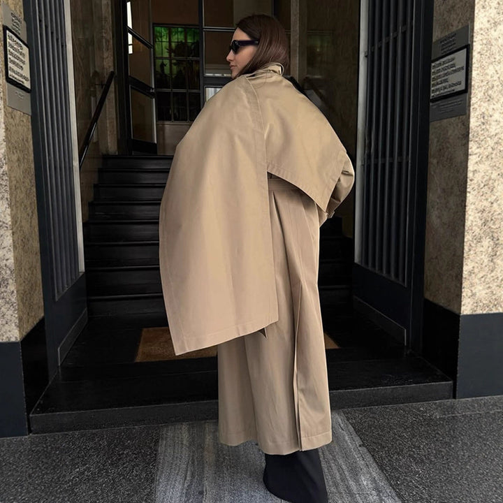 Women's Mid-Length Trench Coat with Poncho-Like Cape Overlay & Boxy Silhouette Amarae
