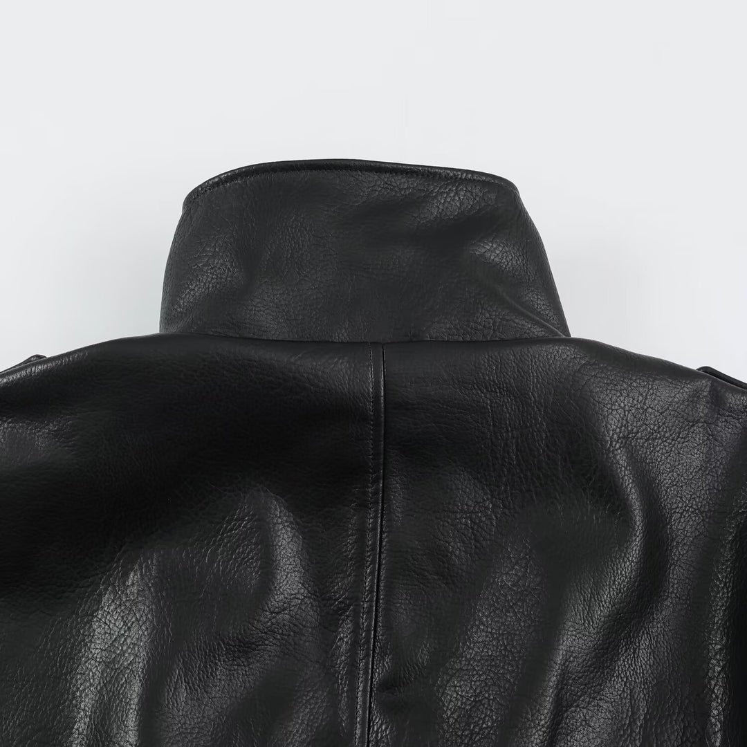 Men's biker leather jacket with high stand-up collar, shoulder flaps and waist belt Amarae