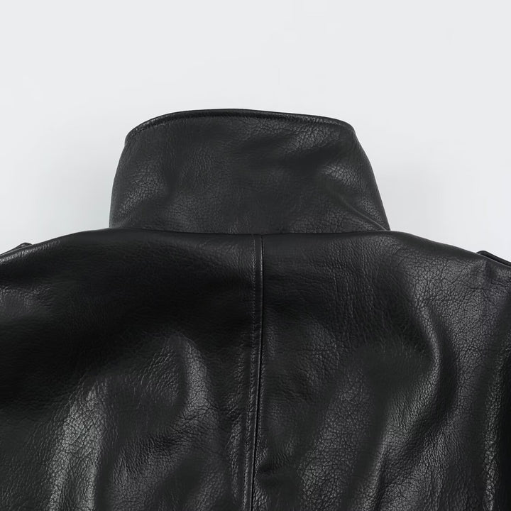 Men's biker leather jacket with high stand-up collar, shoulder flaps and waist belt Amarae