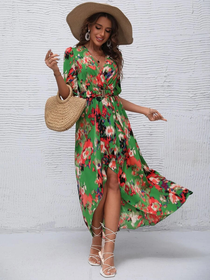 Maxi floral dress with long sleeves for women with belt pouch Lune London