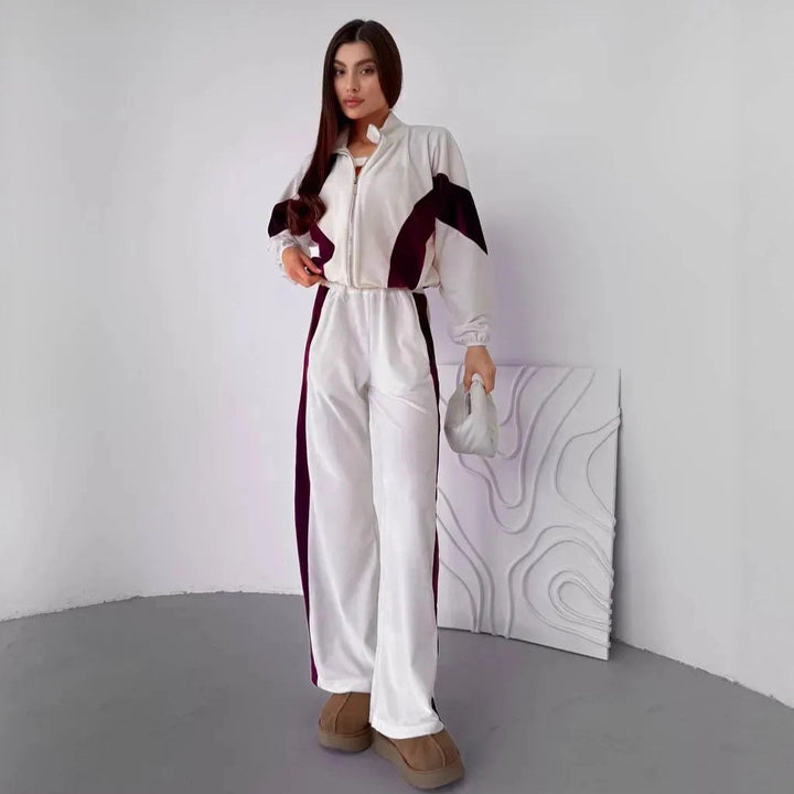 Women's Sport Velvet Jogging Set with Zip and Side Stripes Lune London