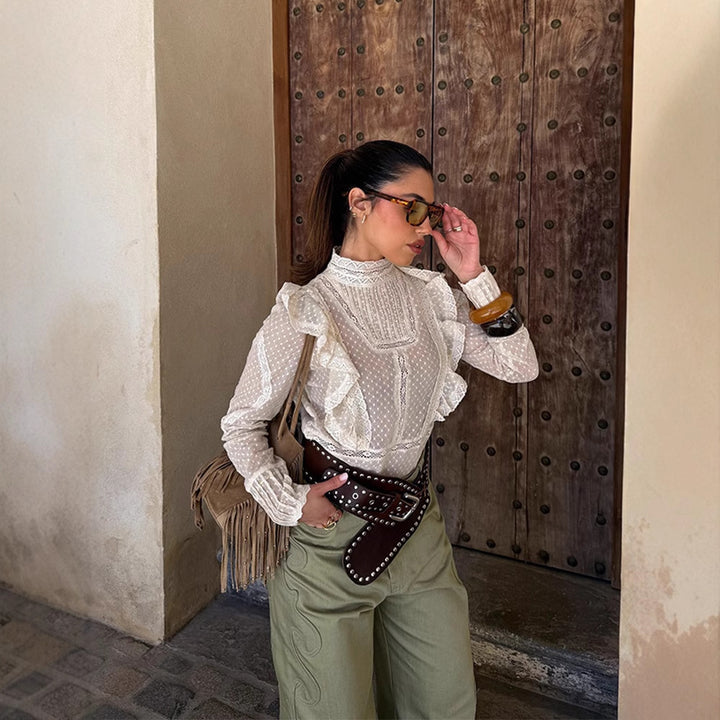 Women's Transparent Dobby Lace Blouse with High Stand-Up Collar, Ruffles & Button Cuffs Amarae