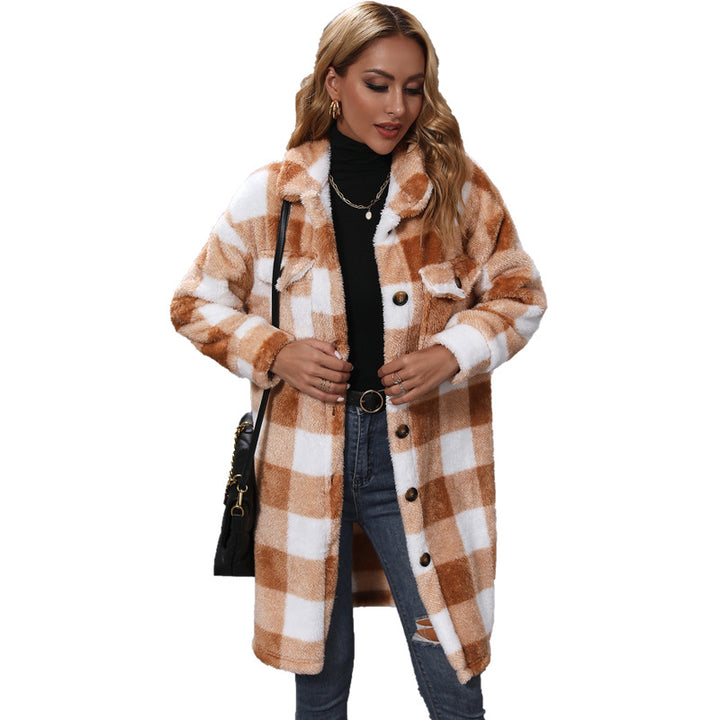 Ladies winter velvet jacket with checked design and practical pockets Amarae