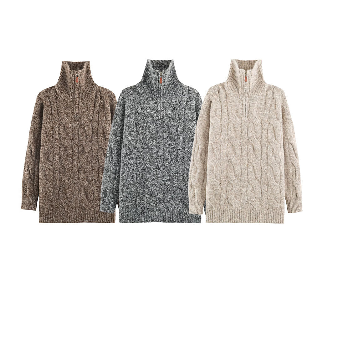 Women's Chunky Knit Long Sweater with Cable Pattern and Half-High Zip Collar Amarae