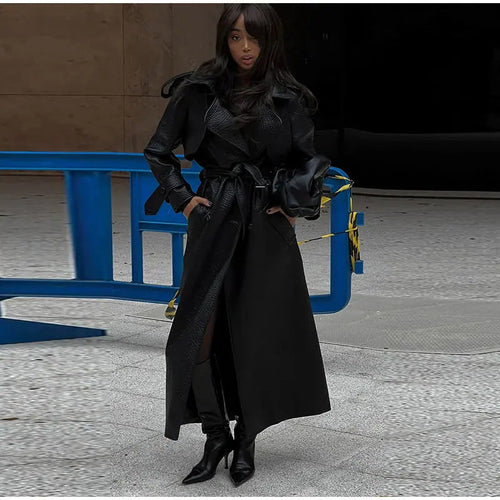 Women's Oversized Faux Leather Trench Coat with High Collar and Removable Belt Amarae