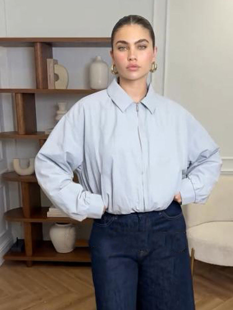Women's Short Boxy Shirt Jacket with Zipper and Elastic Hem Amarae