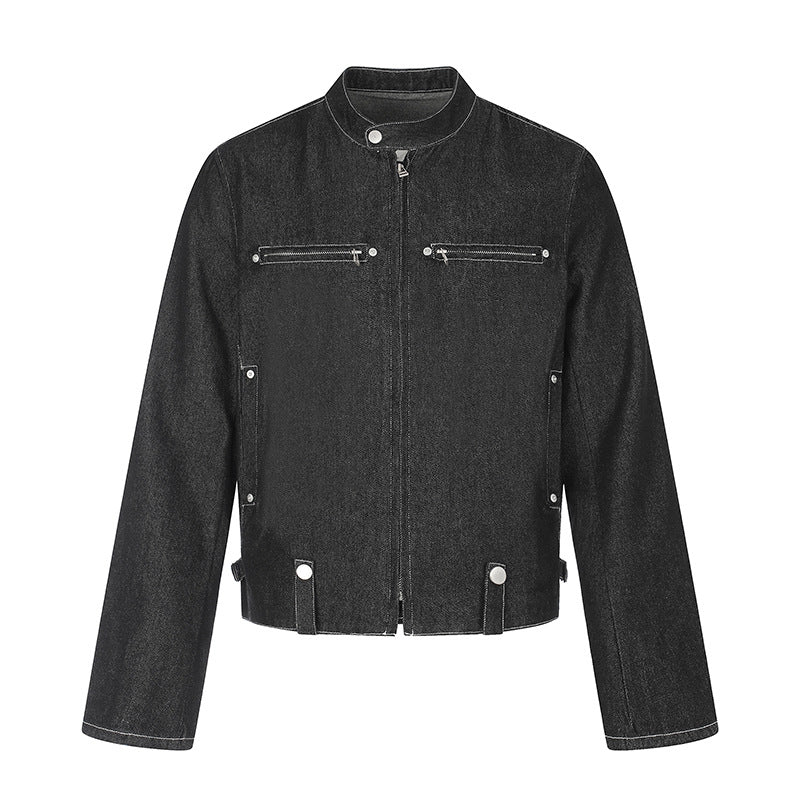 Women's short denim biker jacket with stand-up collar, zipper and snap button details Amarae