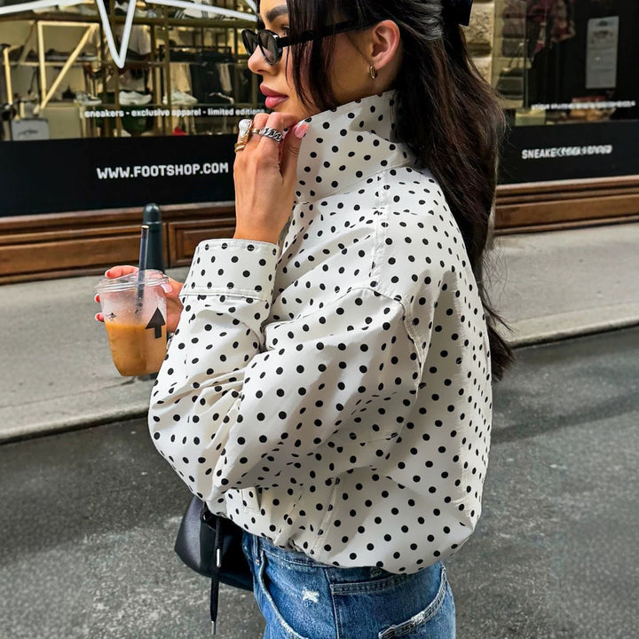 Women Short Cut Oversized Polka Dot Jacket with Stand Collar and Zipper Amarae