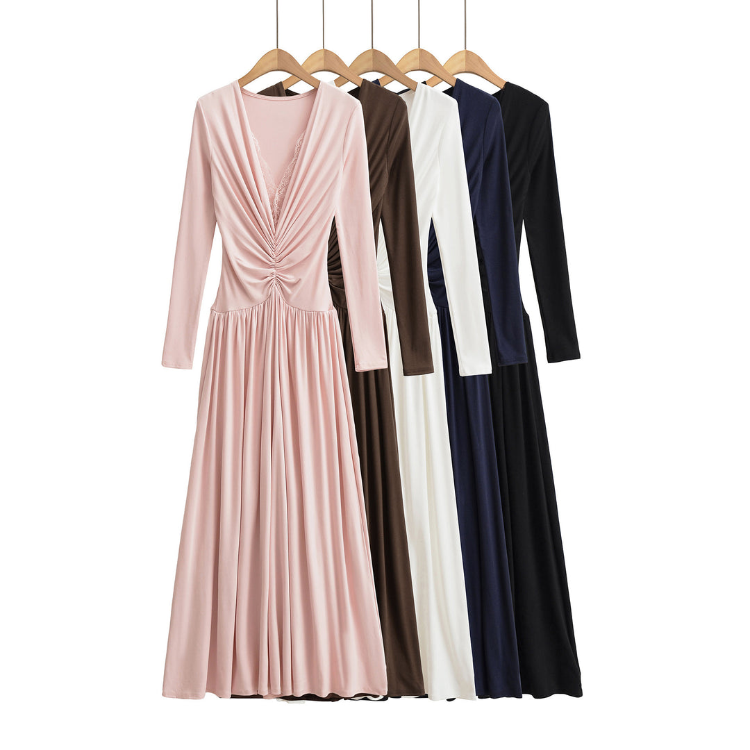 Women Maxi Dress with Ruched Wrap Top, Deep V-Neck and Lace Trim Amarae