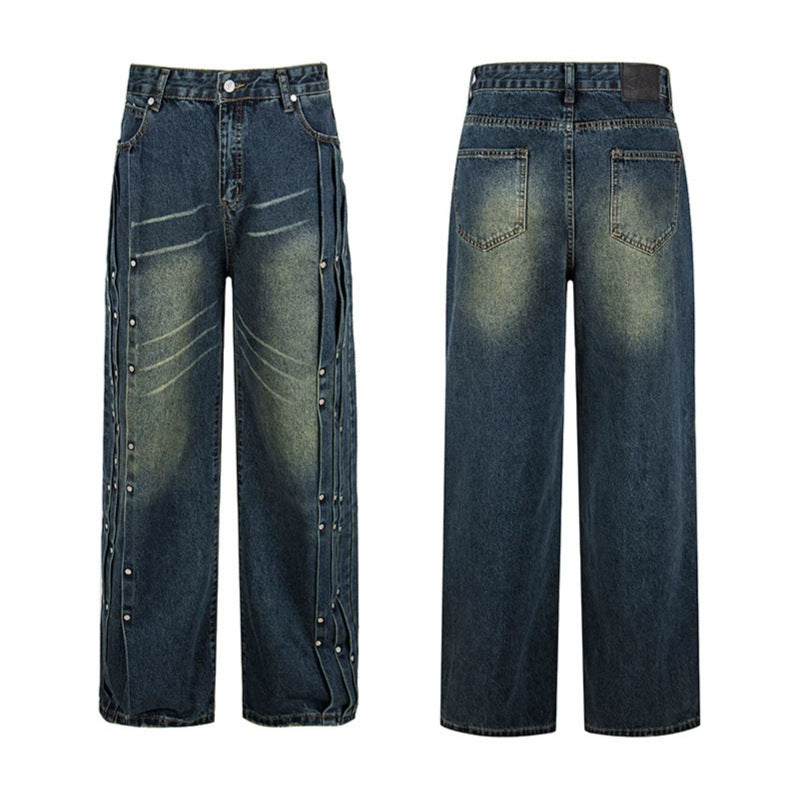 Women's Loose Denim Jeans with Snap Button Side Stripes, High Waist and Used Wash Amarae