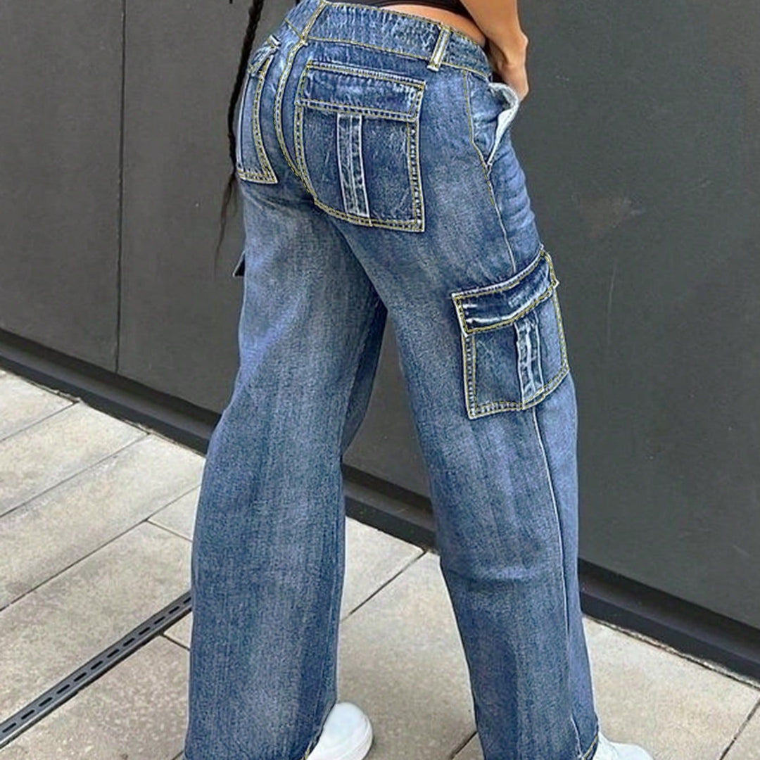 Women's high-waisted cargo jeans with vertical decorative seams and wide leg Amarae