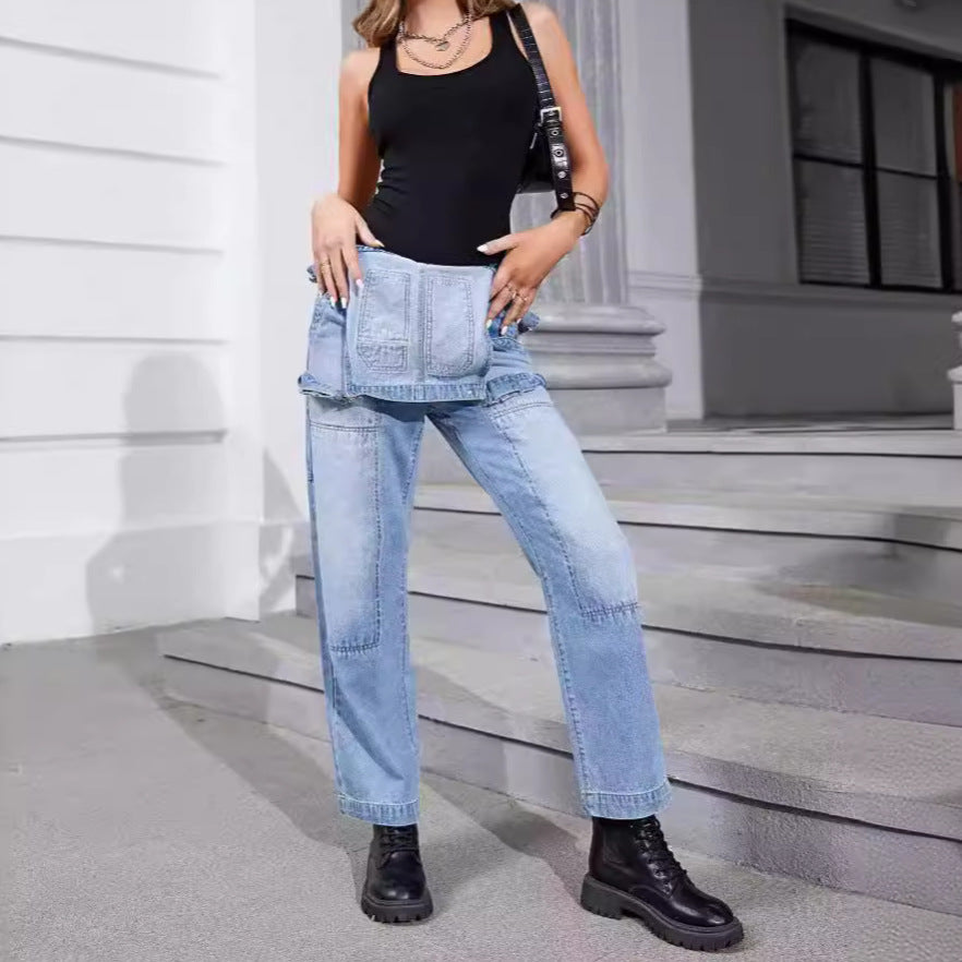 Women's denim overalls with wide leg, utility details, and high waist cut Amarae
