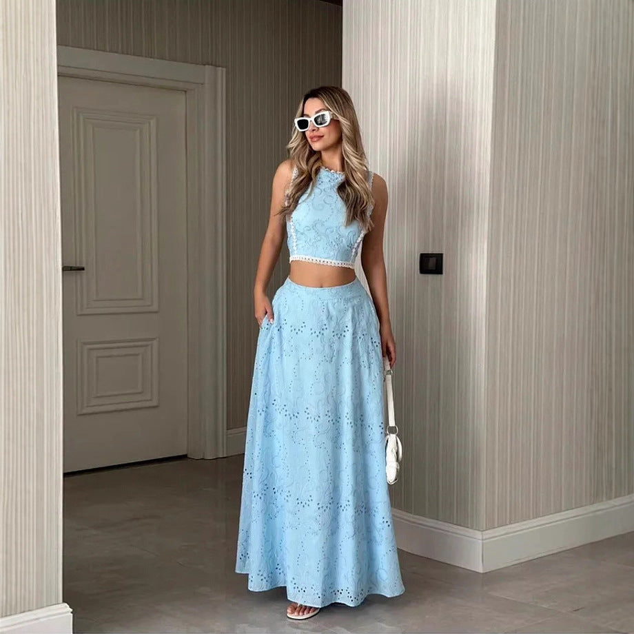Women's maxi dress with delicate hole embroidery pattern and trendy crop top Lune London