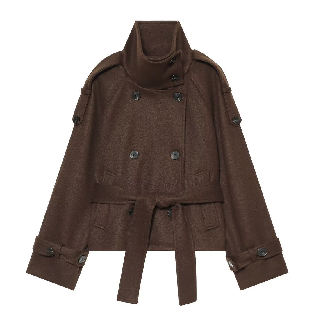 Ladies short cape jacket made of wool blend with high standing collar, double-breasted and tie belt Amarae