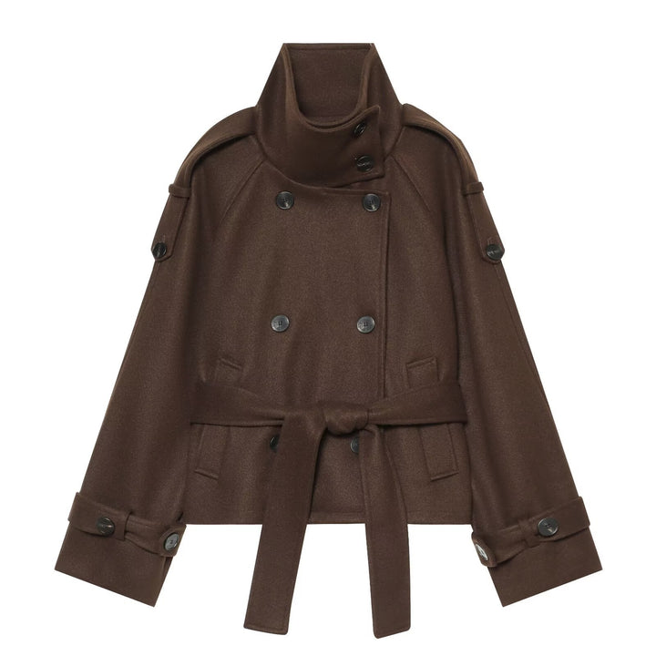 Ladies short cape jacket made of wool blend with high standing collar, double-breasted and tie belt Amarae