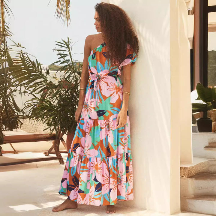 Women's maxi dress with sophisticated one-shoulder design and voluminous hem Lune London