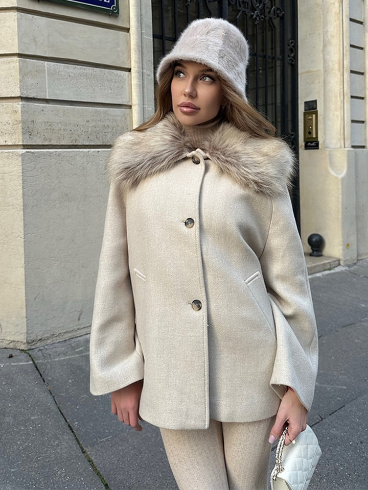 Women's short coat with faux fur shawl collar & boxy oversized silhouette Amarae