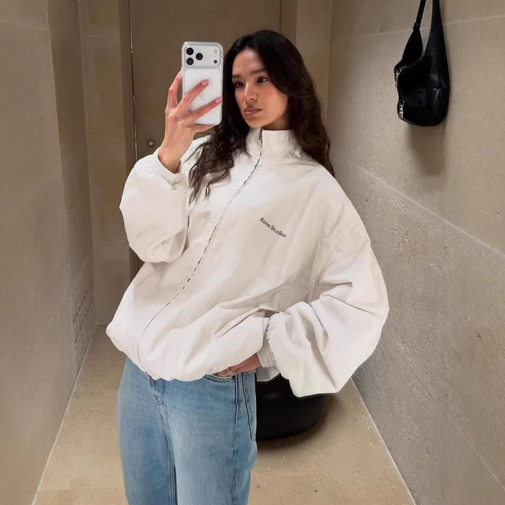 Women's Padded Boxy Jacket in Cropped Cut with Stand-up Collar and Concealed Fastening Placket Amarae