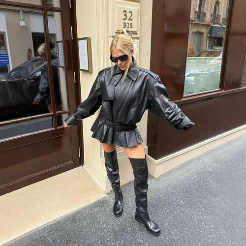 Ladies Oversize Leather Jacket with Tailoring Tie Belt and Ruffle Hem Amarae