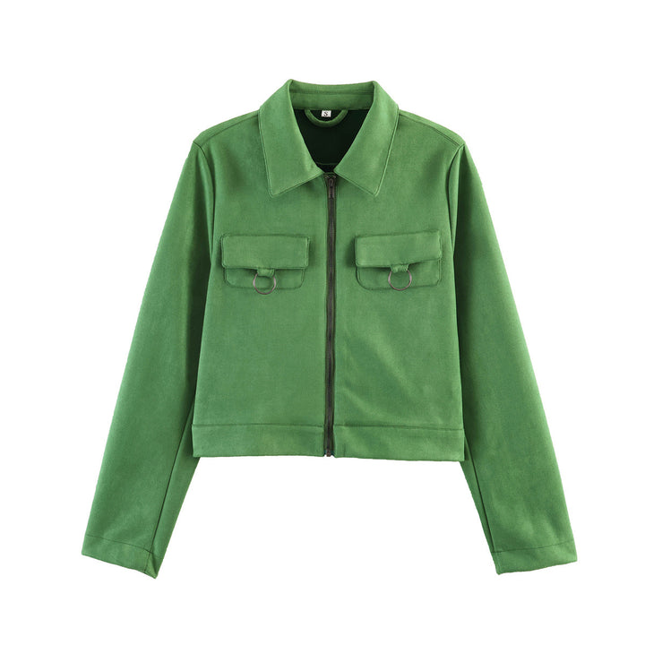Ladies short cut velour jacket with breast pockets and zipper Amarae