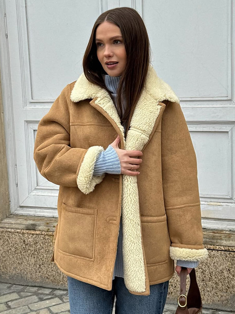 Women's Boxy Lambskin Look Coat with Folded Teddy Collar Amarae
