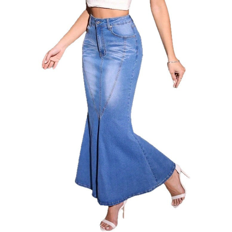 Women's waist-defining denim mermaid midi skirt with sculpting seam panels Amarae