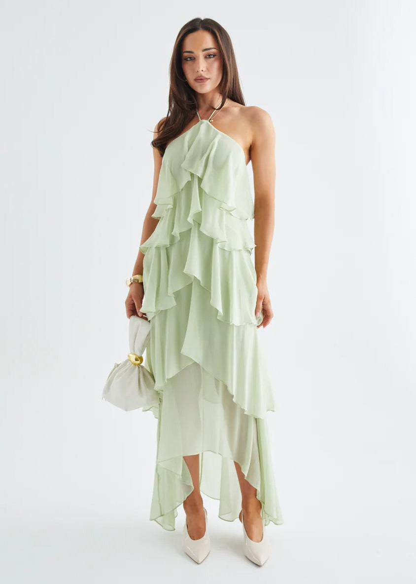 Chic & Stil Women's maxi dress with elegant overlay and floral ruffles
